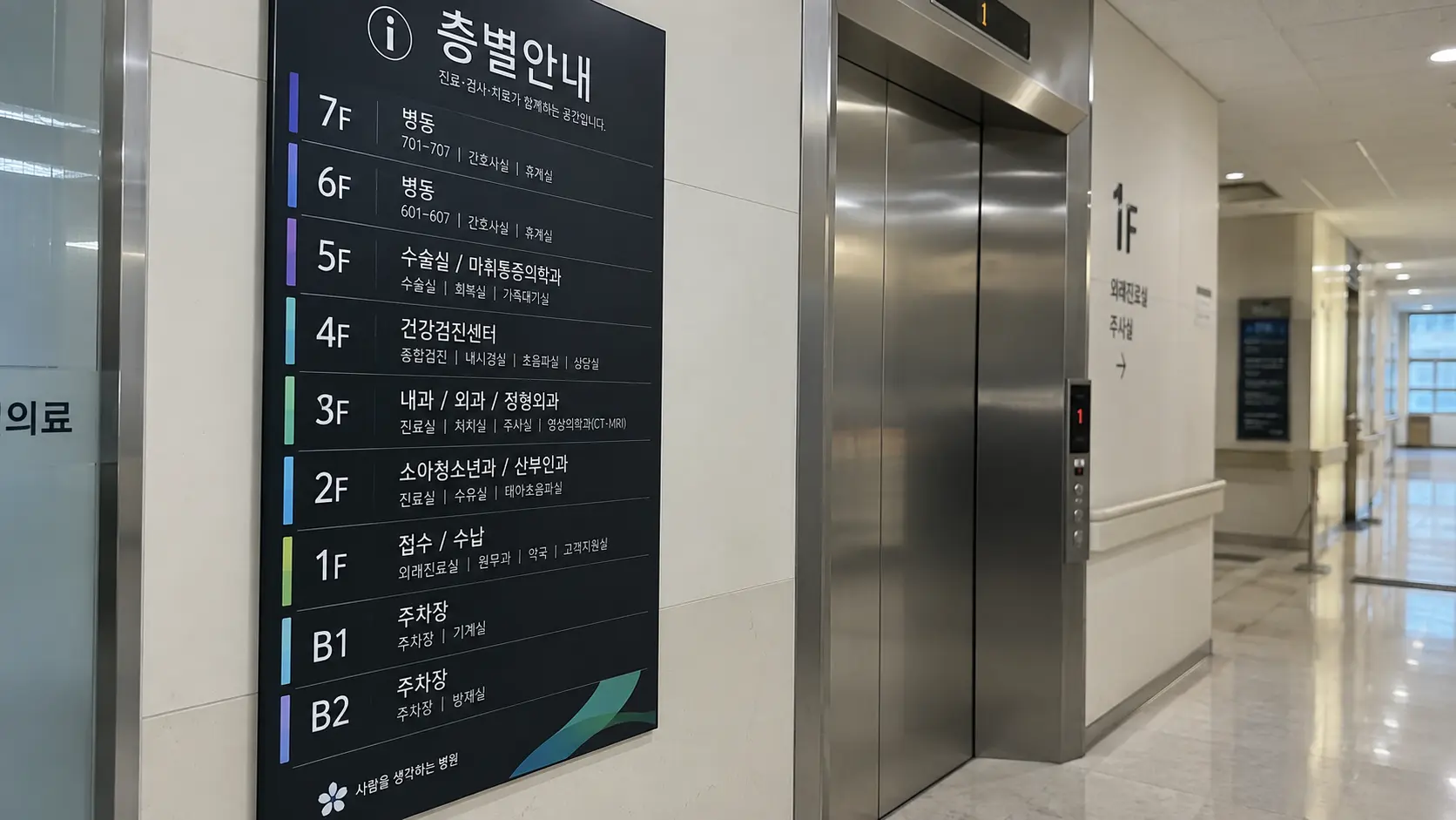 Korean hospital directory board showing department names in Korean and English for foreigner navigation