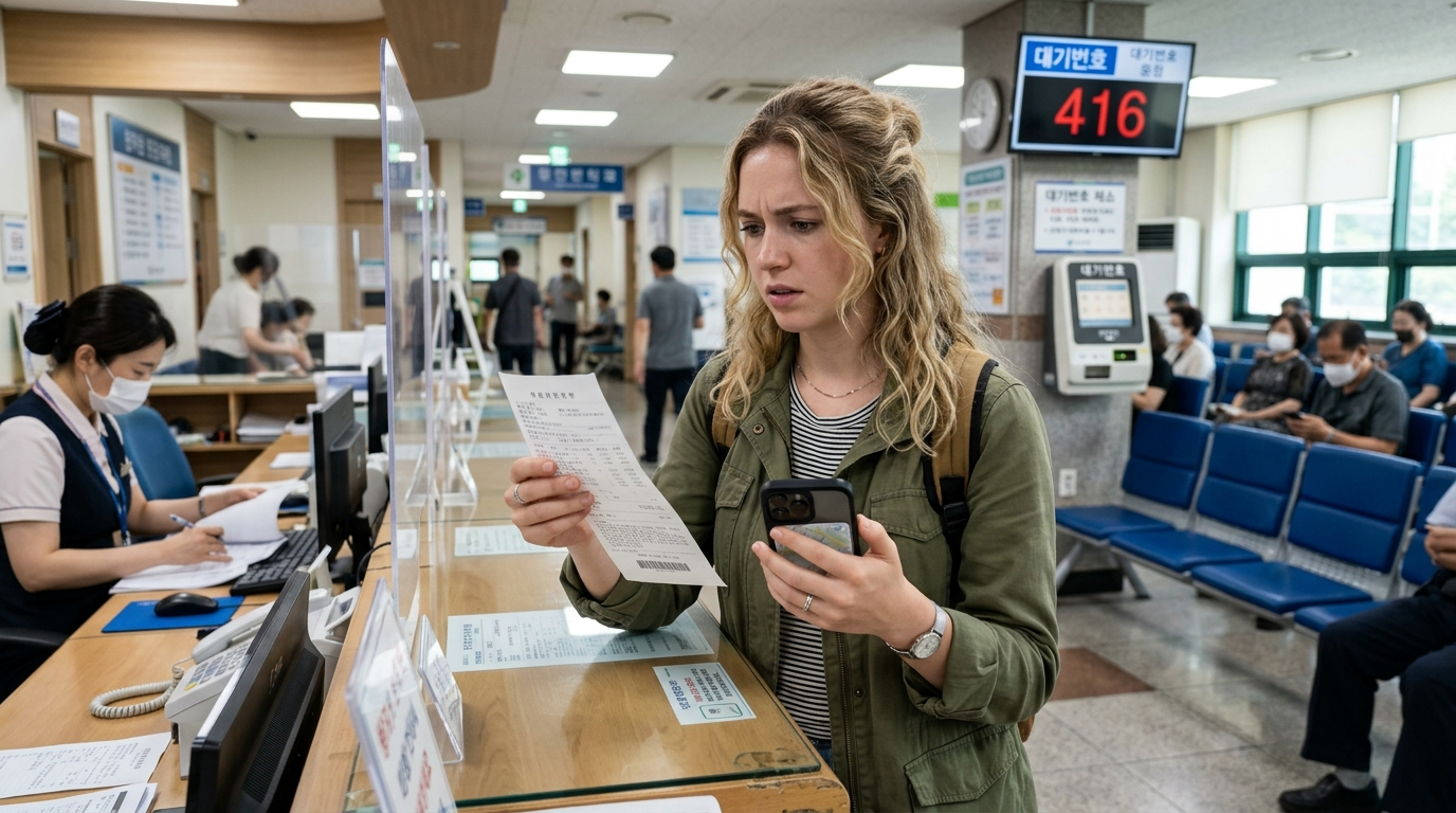 Health insurance Korea foreigners confused at hospital reception counter holding medical receipt