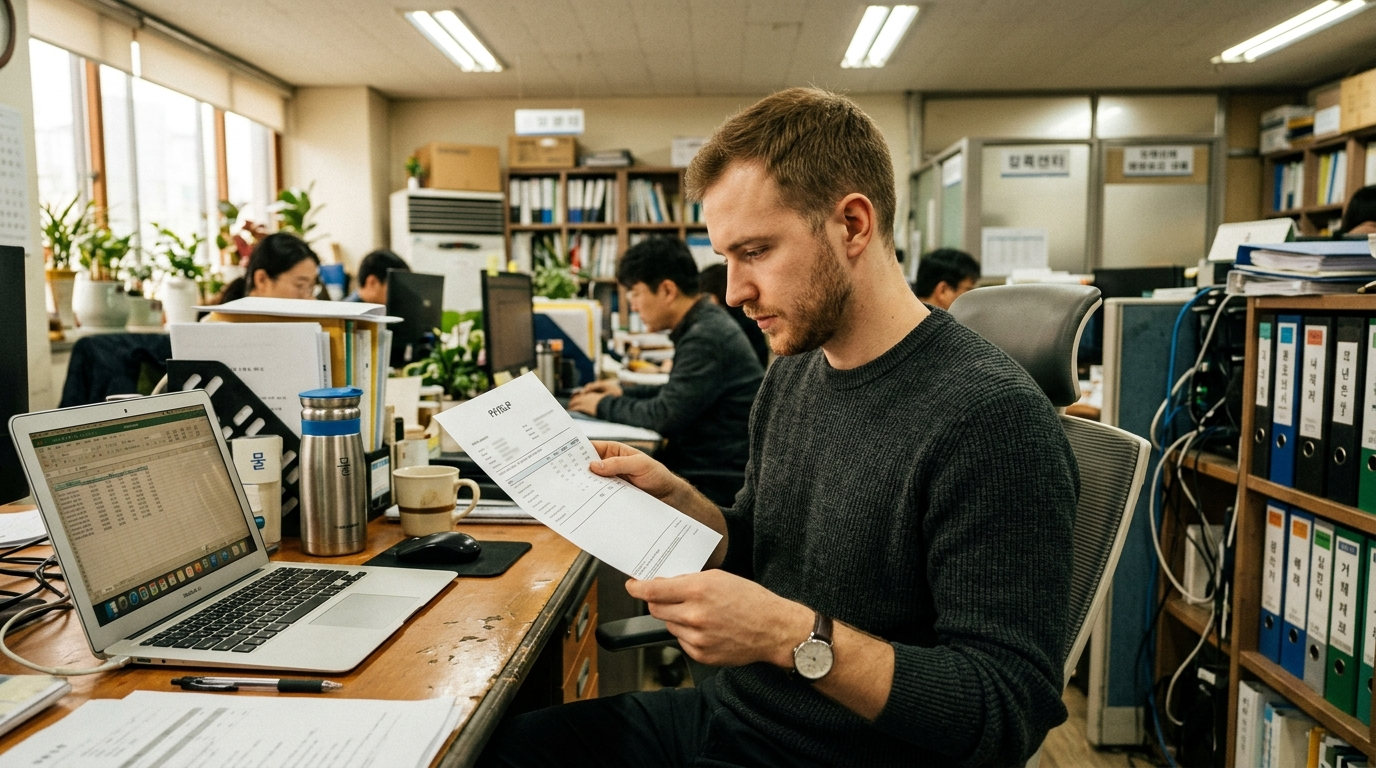 Foreign worker at Korean office desk checking payslip for NHIS health insurance deduction