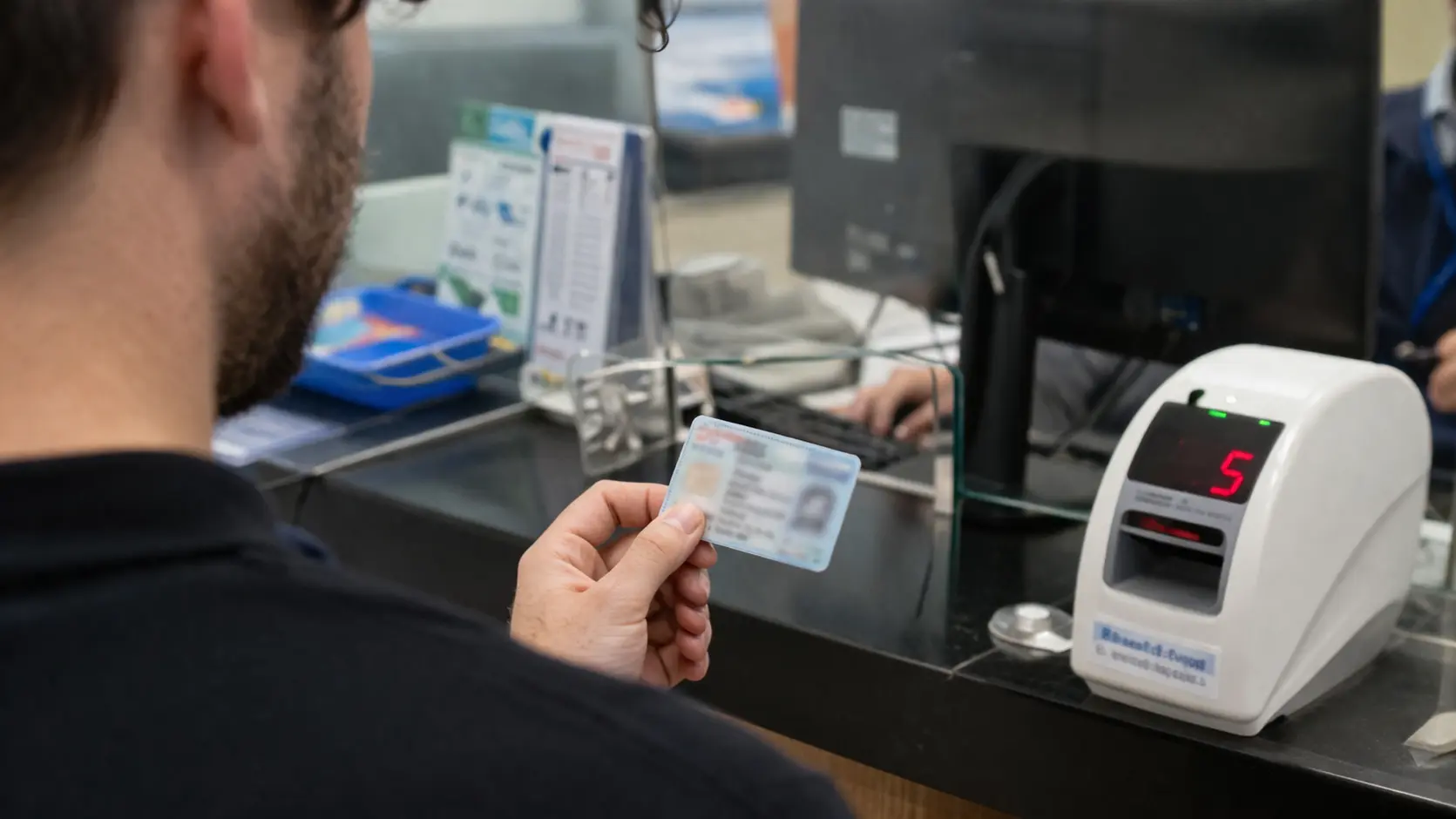 Foreigner holding ARC card at Korean immigration office counter with confused expression checking phone