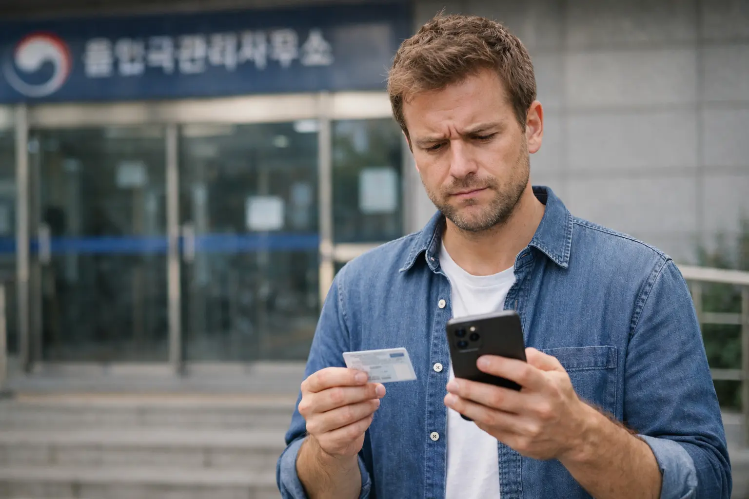 ARC card Korea foreigners holding card outside immigration office checking phone for verification failure
