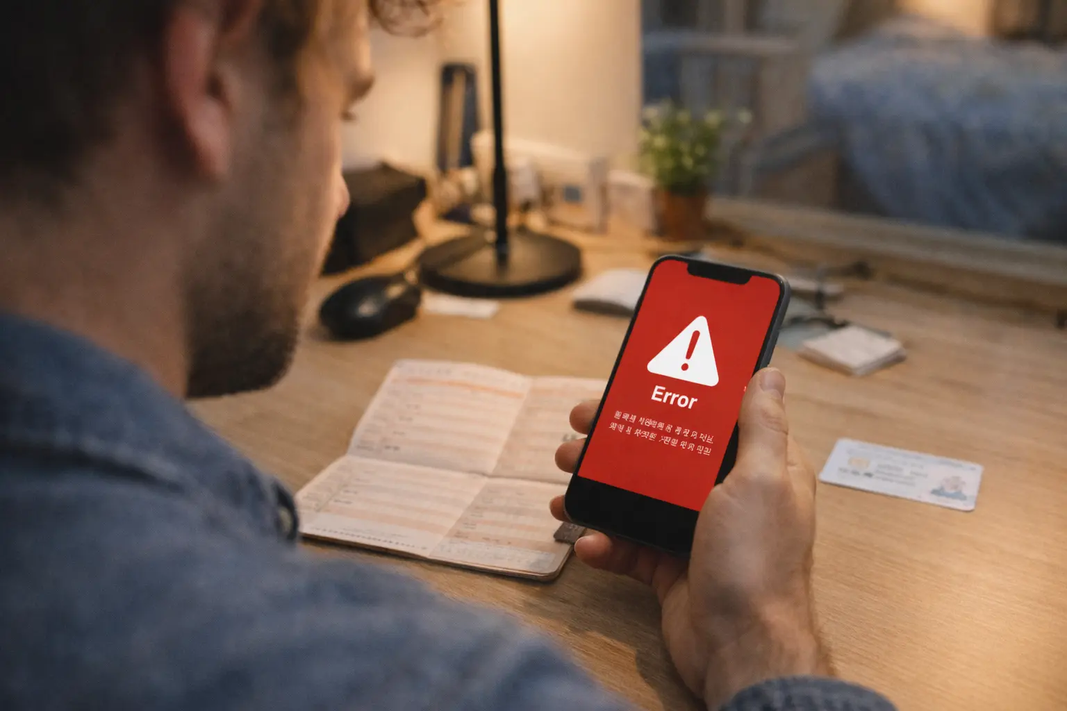 Person checking Korean banking app on smartphone showing verification error screen at desk