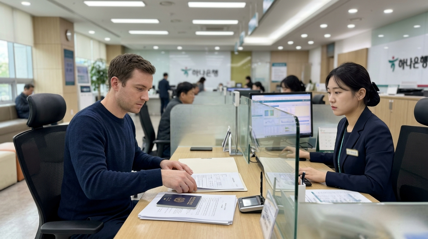 Foreigner standing at a Korean bank counter with documents unable to complete account opening process