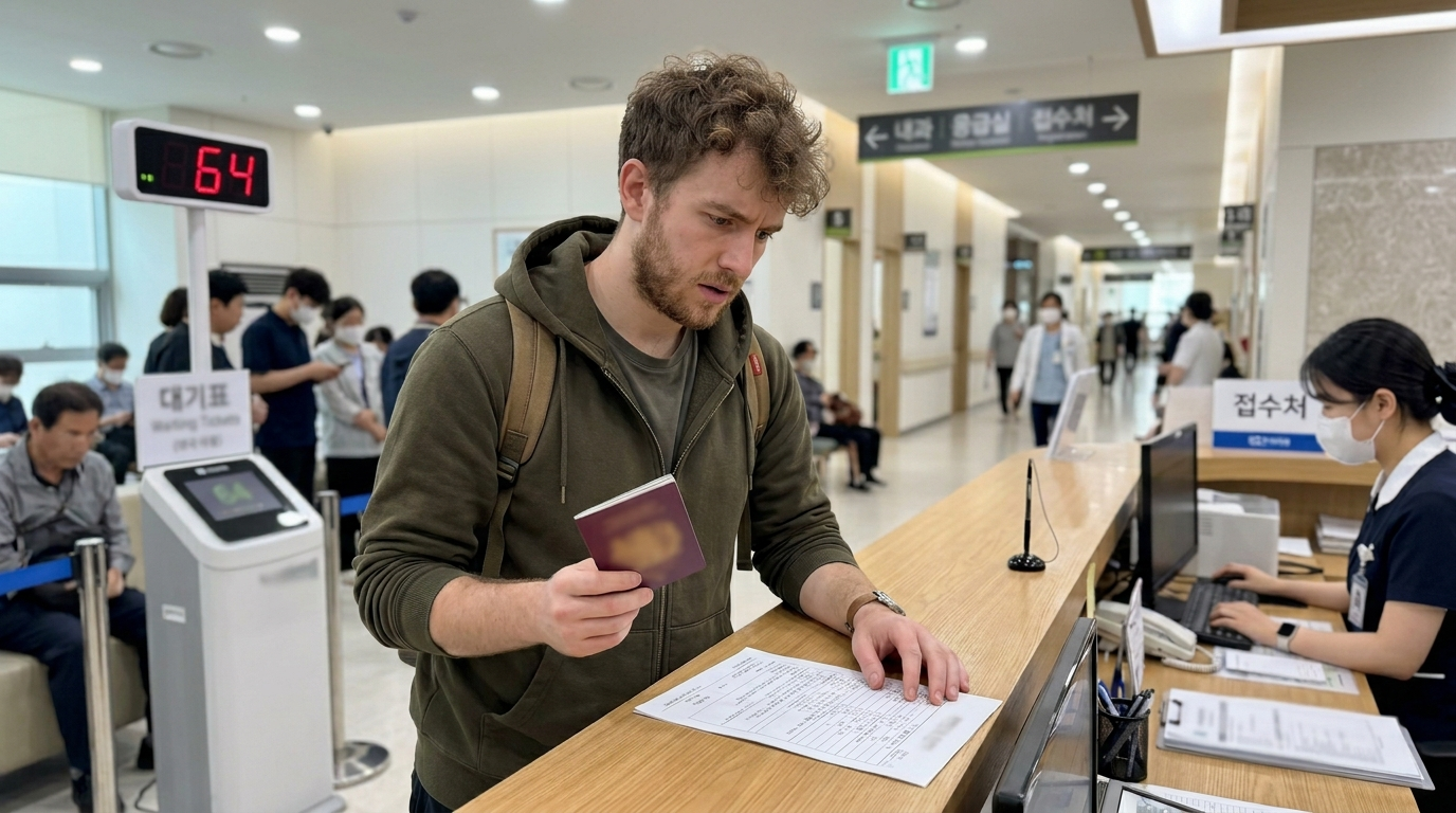 hospital visit Korea foreigners registration desk with passport and Korean intake form