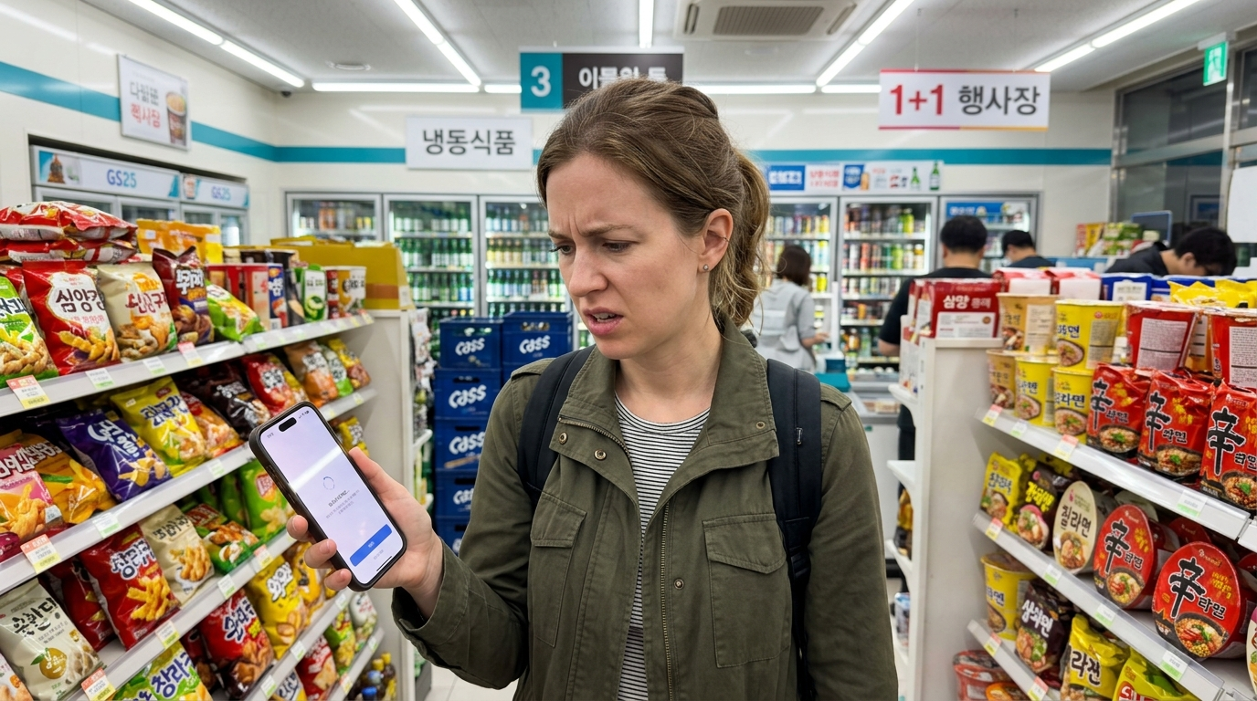 Foreigner looking at smartphone showing app verification failure screen inside Korean convenience store