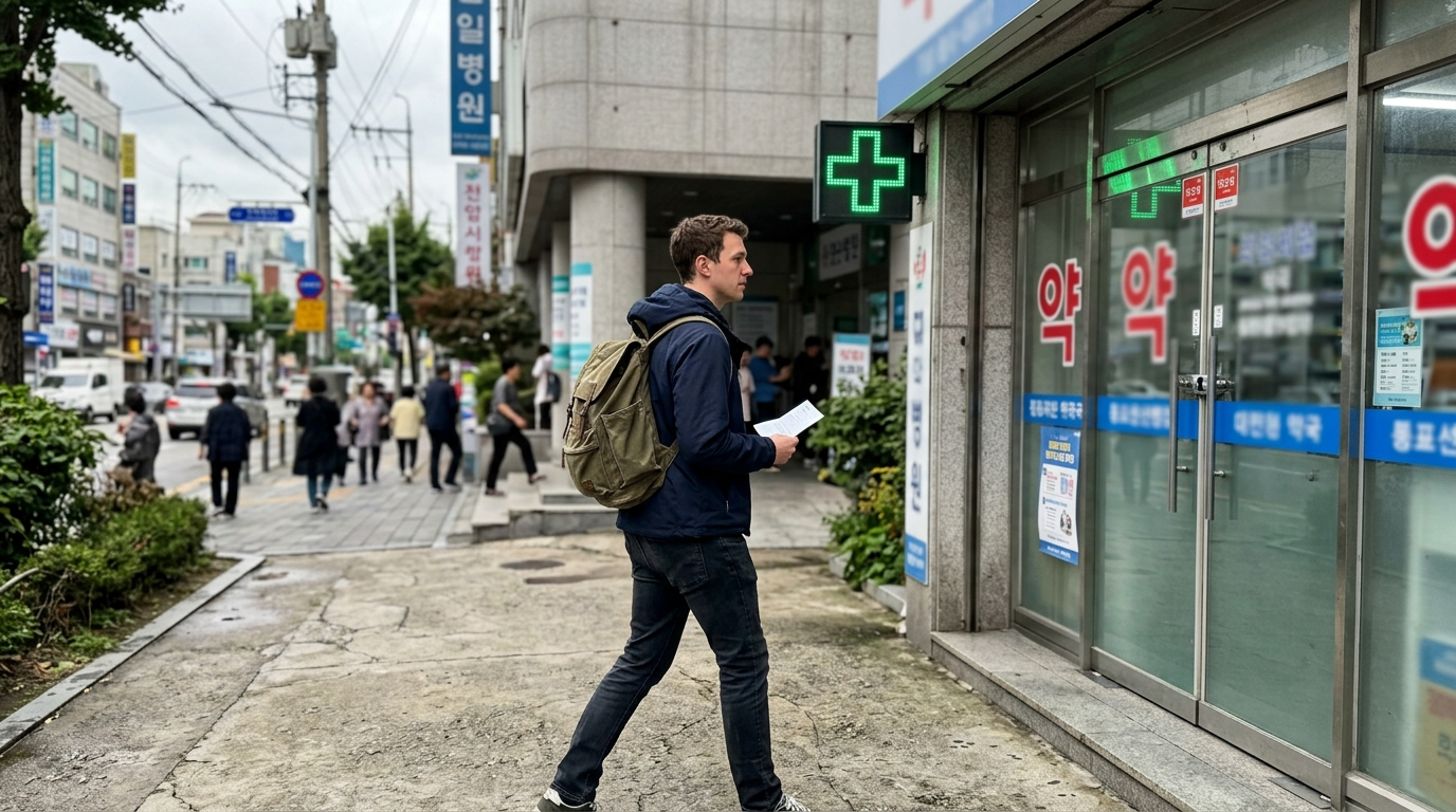 Korean pharmacy green cross sign near hospital entrance where foreigners collect prescriptions