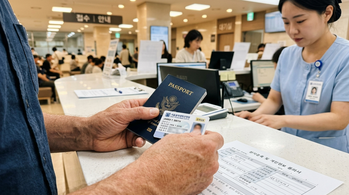 Foreigner at Korean hospital registration counter with passport and intake form