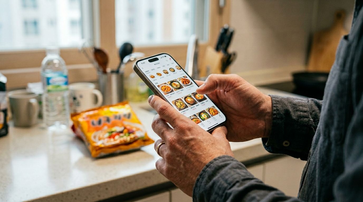 Foreigner browsing Korean delivery app menu on smartphone in apartment