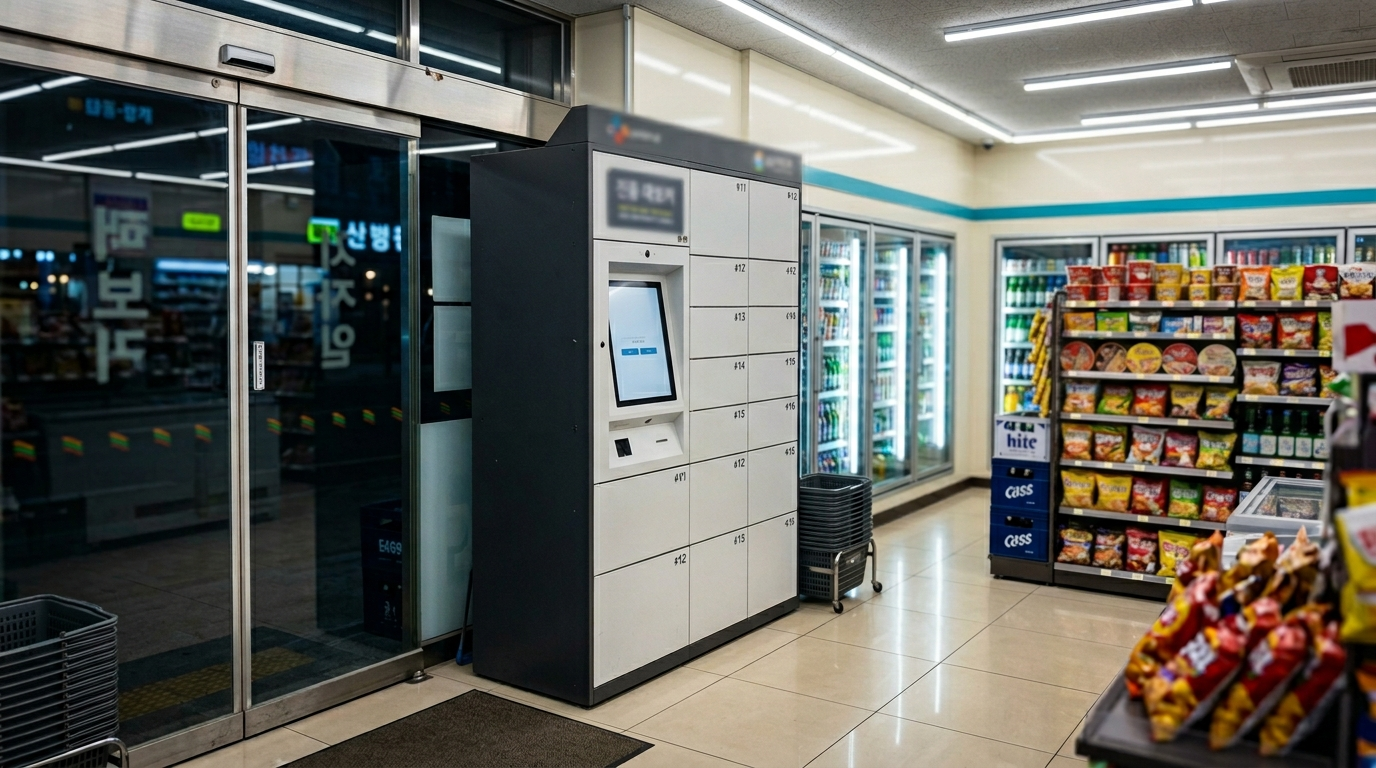Convenience store digital kiosk in Korea showing pickup authentication screen requiring phone verification