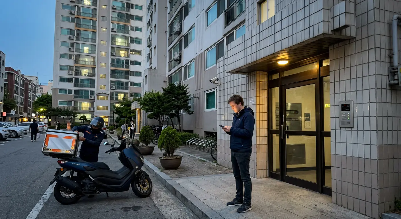 Smartphone screen showing delivery app payment error in Korean apartment