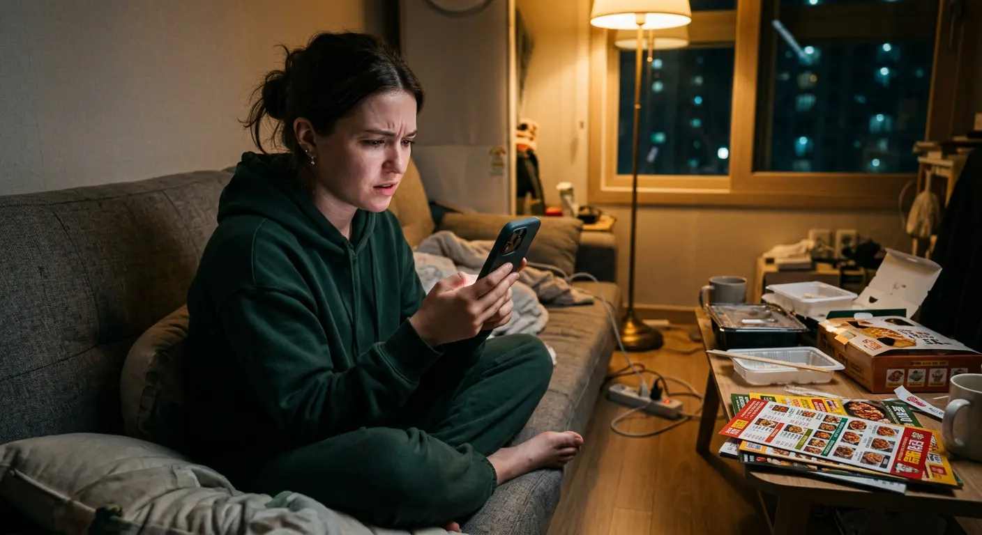 Foreigner in Korean apartment frustrated by delivery app korea foreigners checkout failure on smartphone