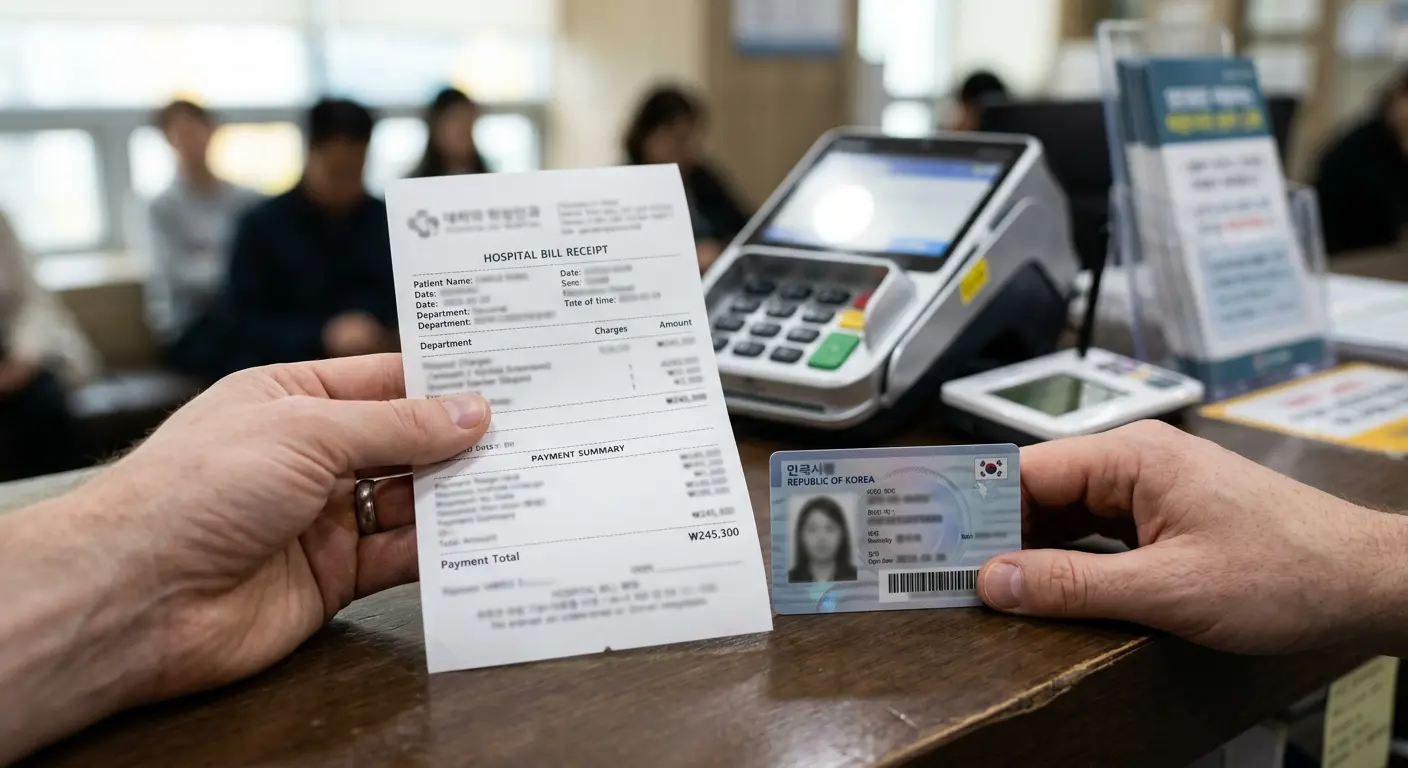 Foreigner reviewing hospital receipt at Korean clinic counter confused about uninsured charges