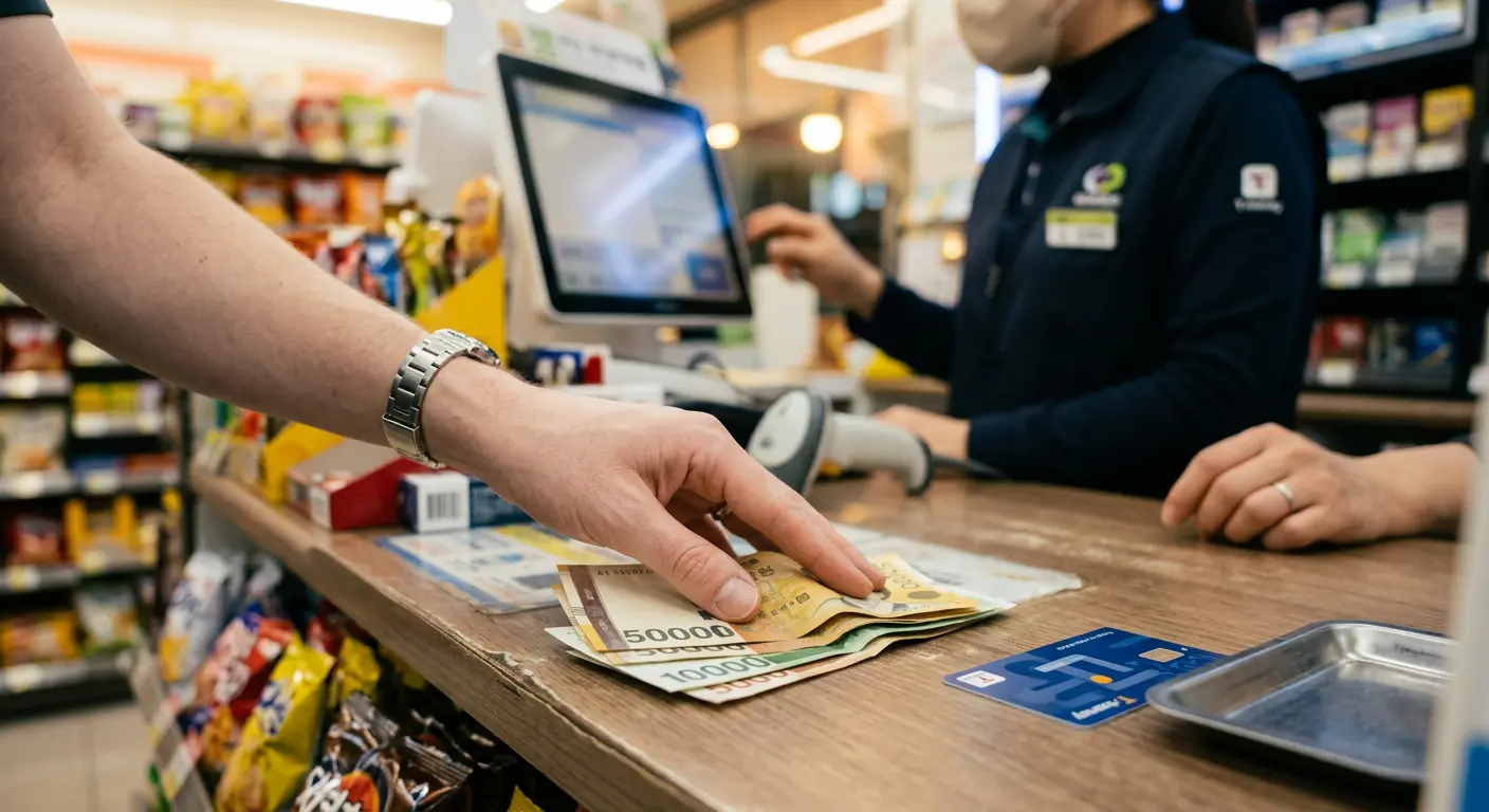 Foreigner buying T-money transportation card at Korean convenience store register with cash