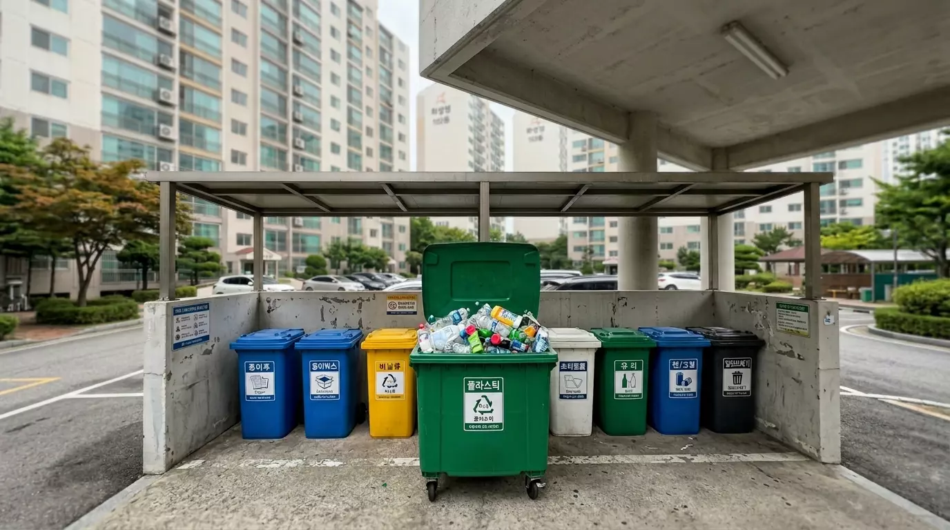 Recycling sorting station in Korean apartment complex showing labeled bins for paper plastic glass