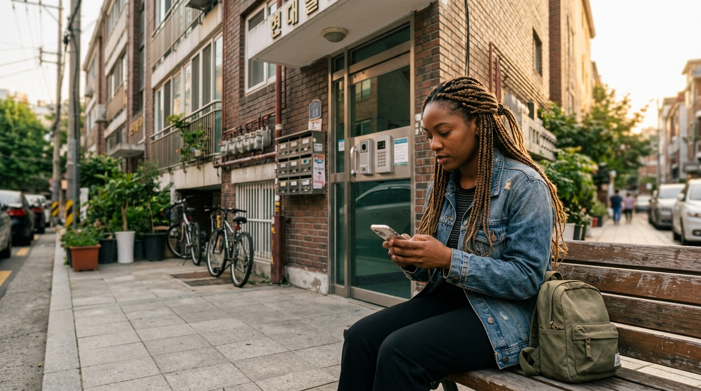 Foreigner reviewing Korean apartment listing details on phone before visiting real estate office
