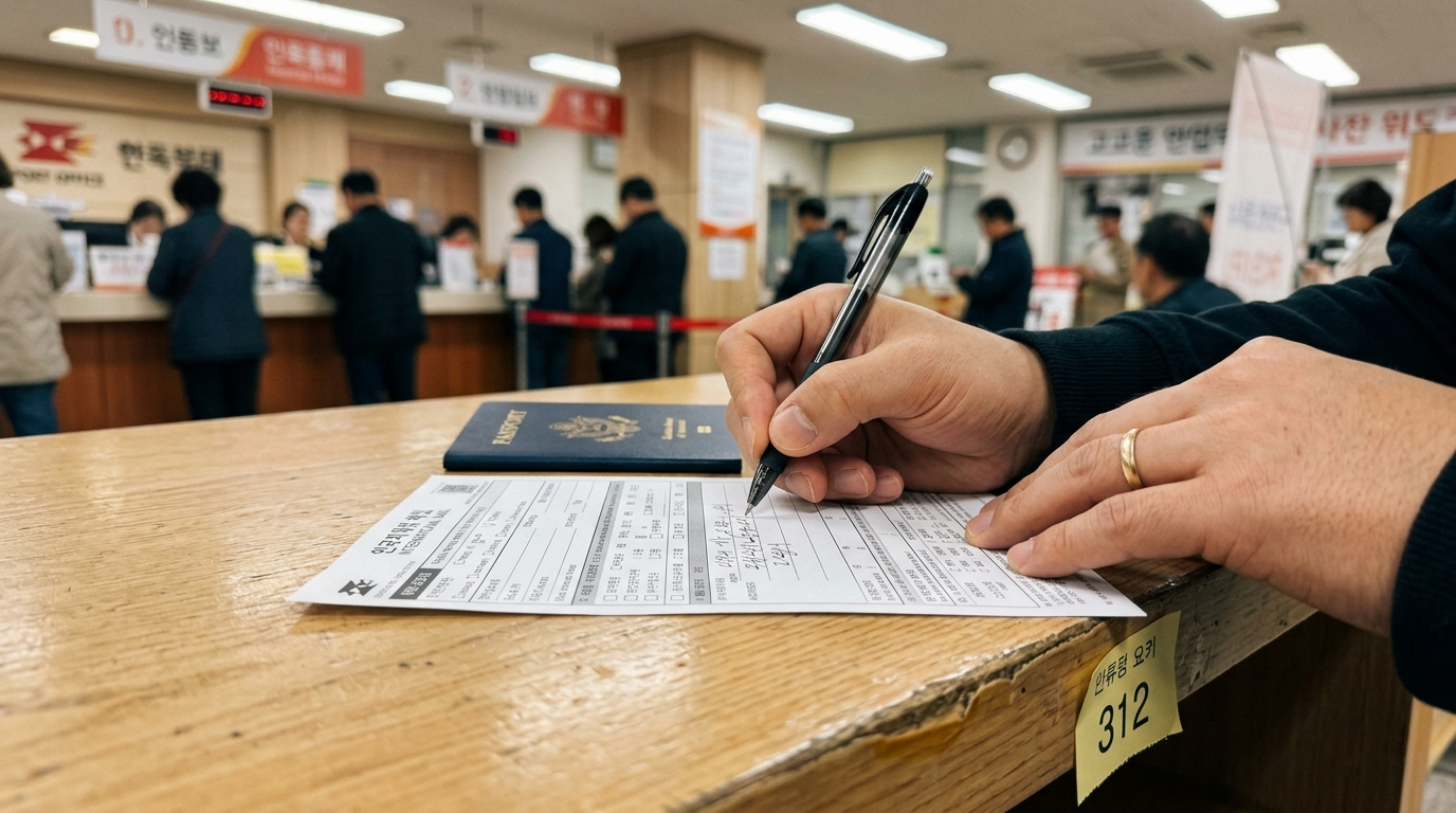 Foreigner filling out international mail form at Korean post office counter
