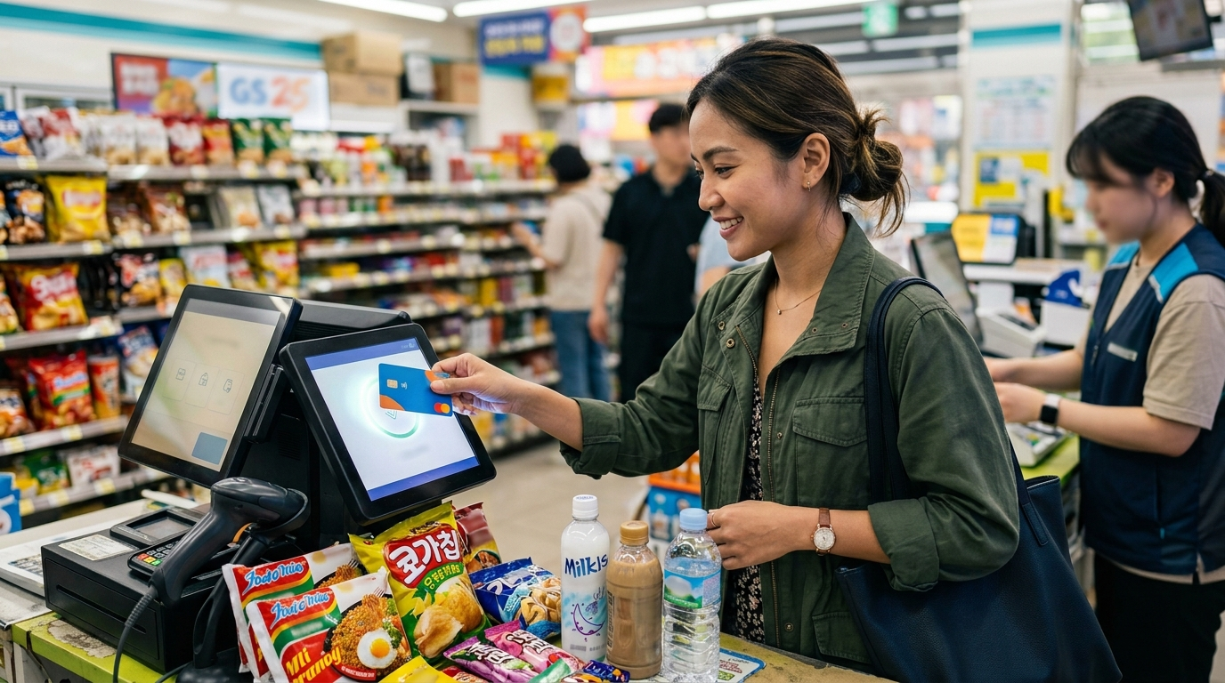 Foreign traveler using a multi-currency card at a Korean convenience store terminal