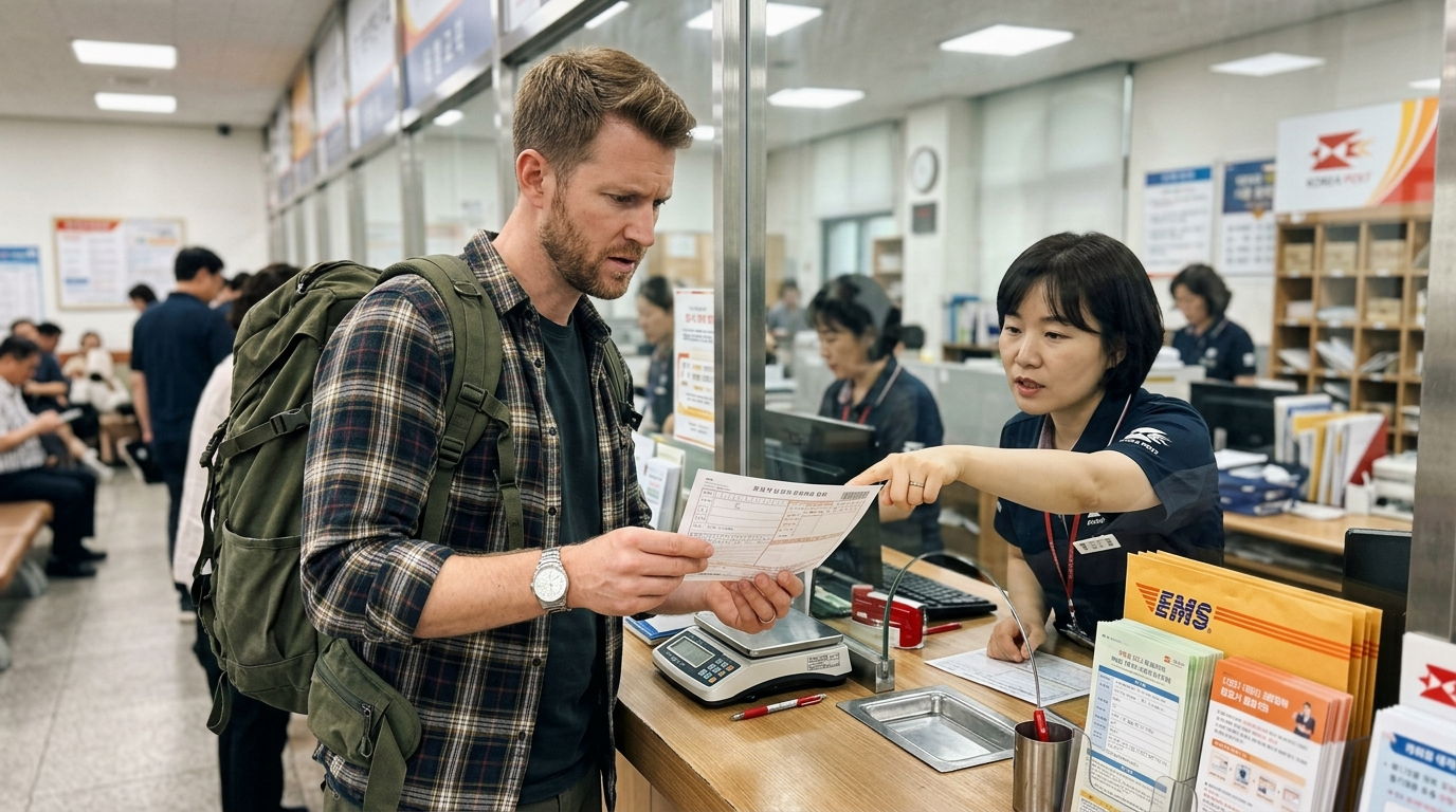 Post office korea foreigners visiting counter with EMS form and passport
