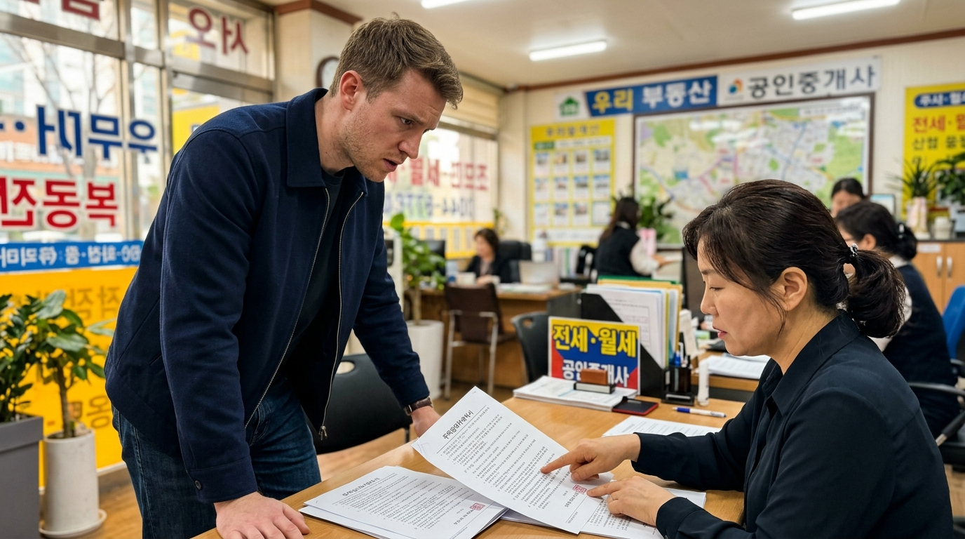 apartment deposit korea foreigners reviewing lease contract at Korean real estate office