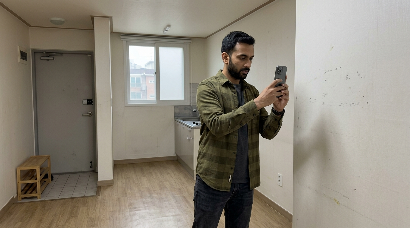 Foreigner documenting apartment condition with smartphone after moving into Korean rental