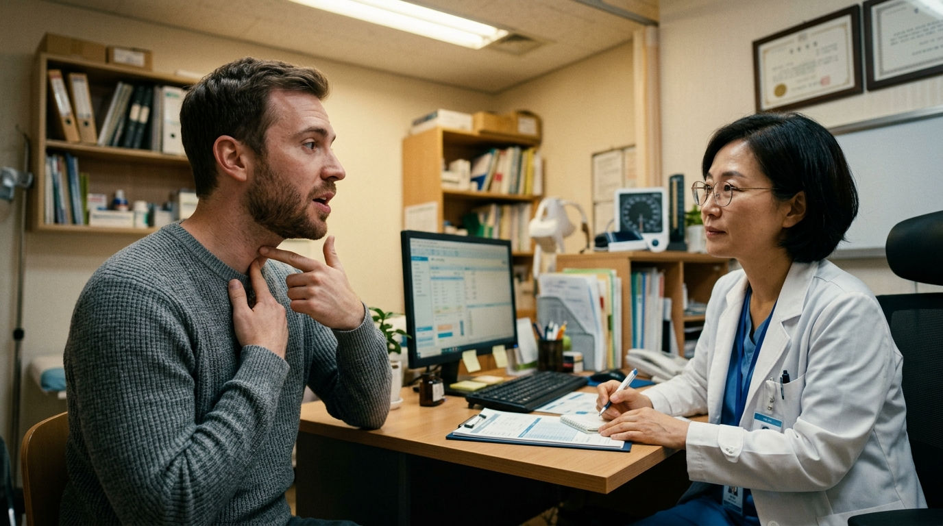 Foreigner holding insurance card at Korean hospital reception counter during check-in