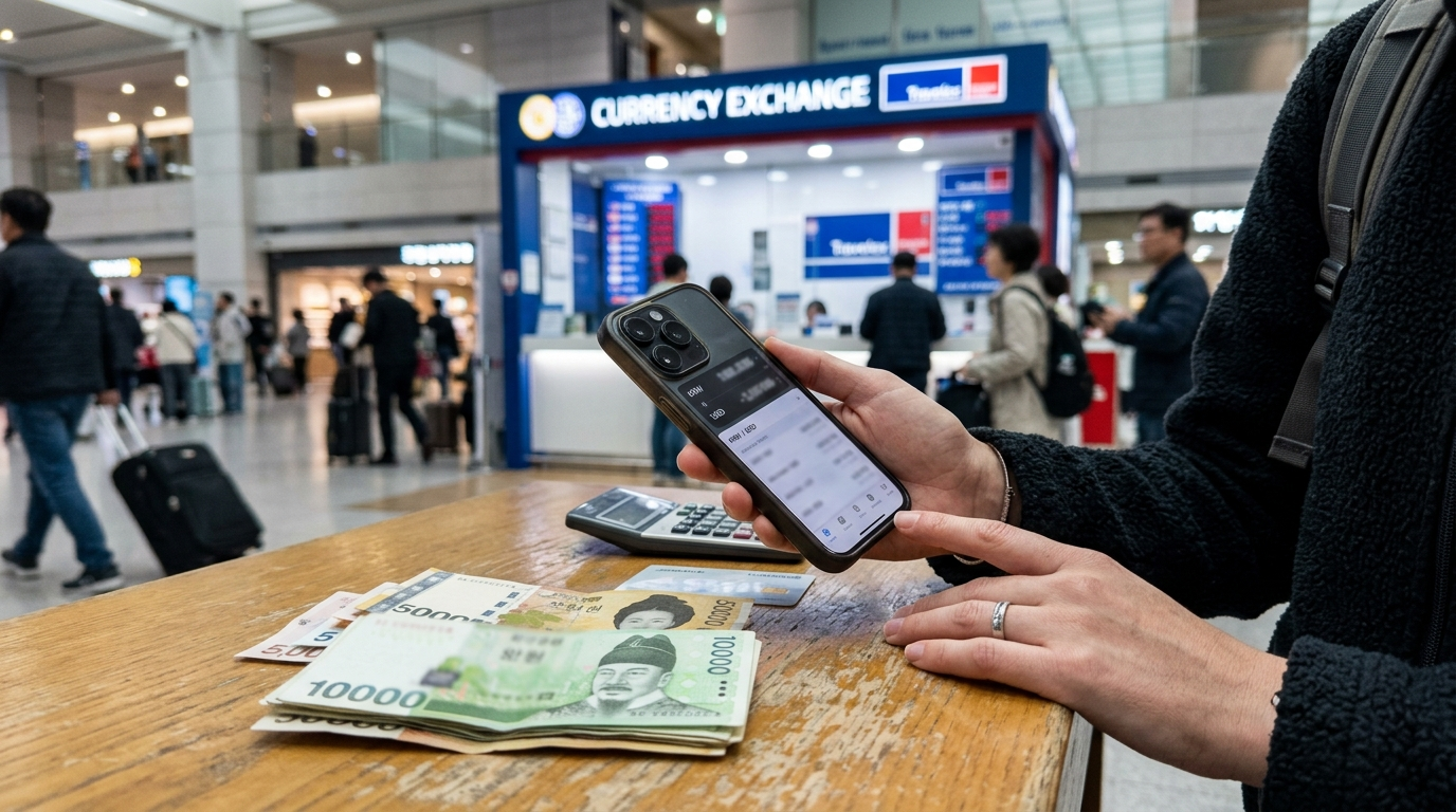 Foreigner comparing exchange rate boards at Incheon Airport currency counter