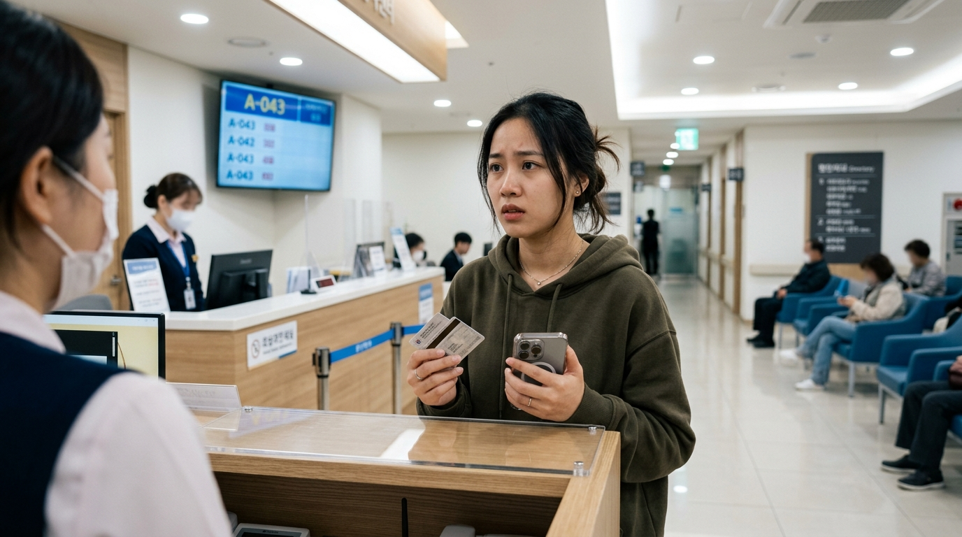 korean phrases hospital pharmacy — foreigner at Korean hospital reception with insurance card