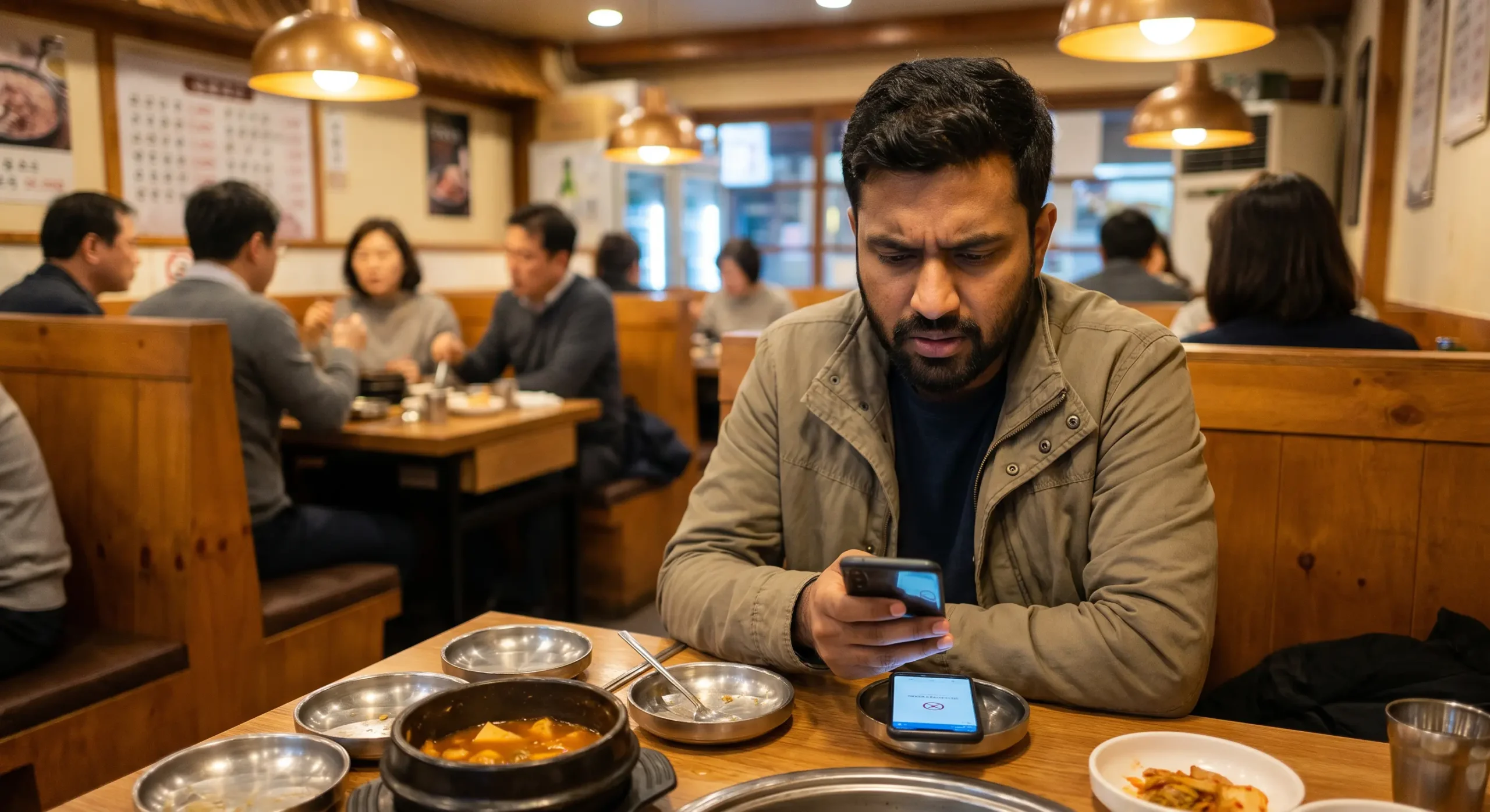 Smartphone showing Korean mobile payment apps on screen in Seoul