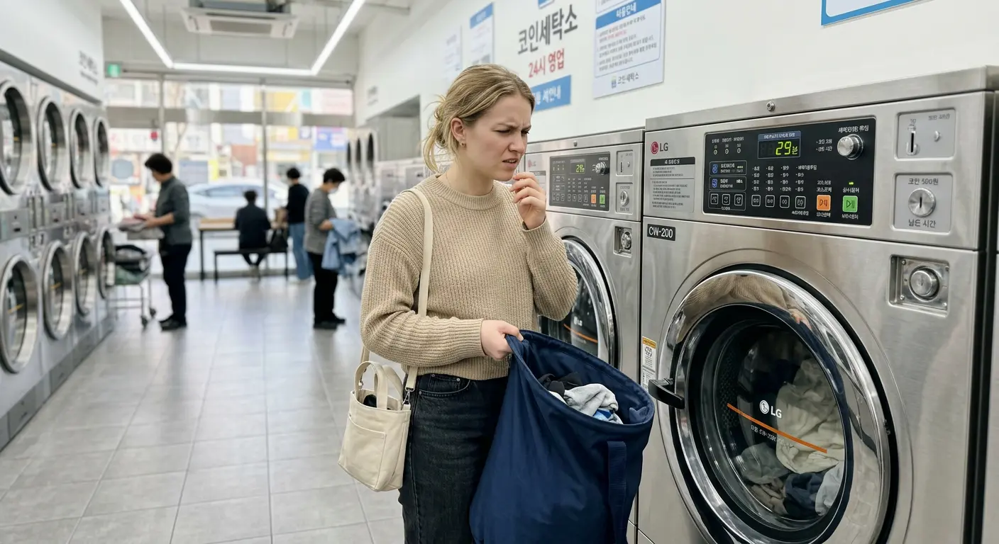 Foreigner at a korean laundromat foreigners use with Korean-only washing machine controls
