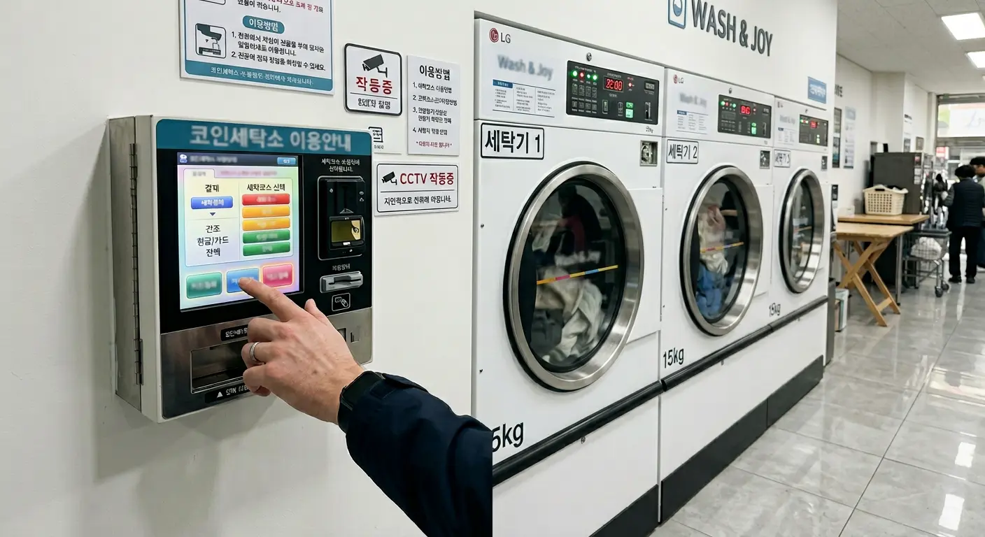 Foreigner loading clothes into a coin laundry machine in Korea