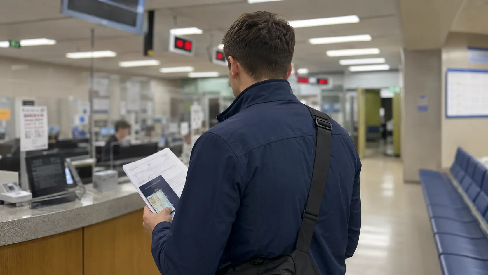 Driving license Korea foreigners exchange process at KOROAD examination office counter with Western male in navy zip-up jacket