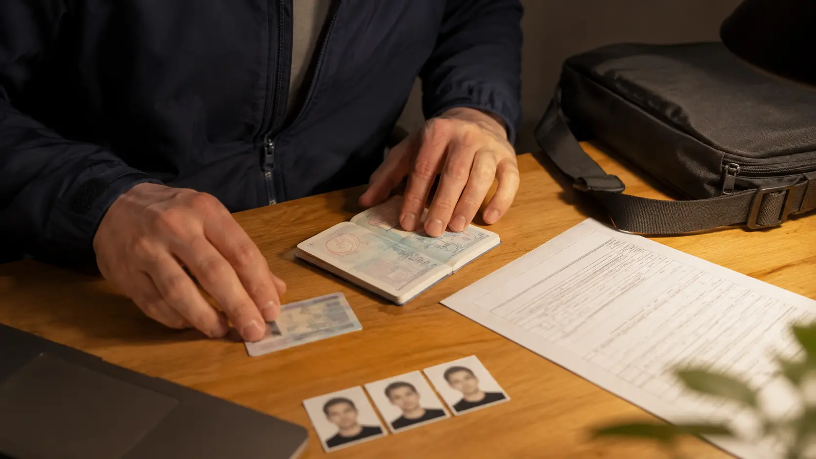 Western male in navy zip-up jacket checking documents at desk before converting driving license in Korea