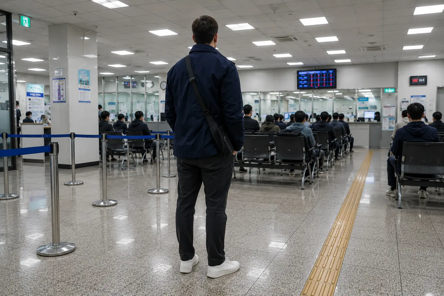 Foreigner in navy blue zip-up jacket waiting at Korean government office counter for license exchange paperwork