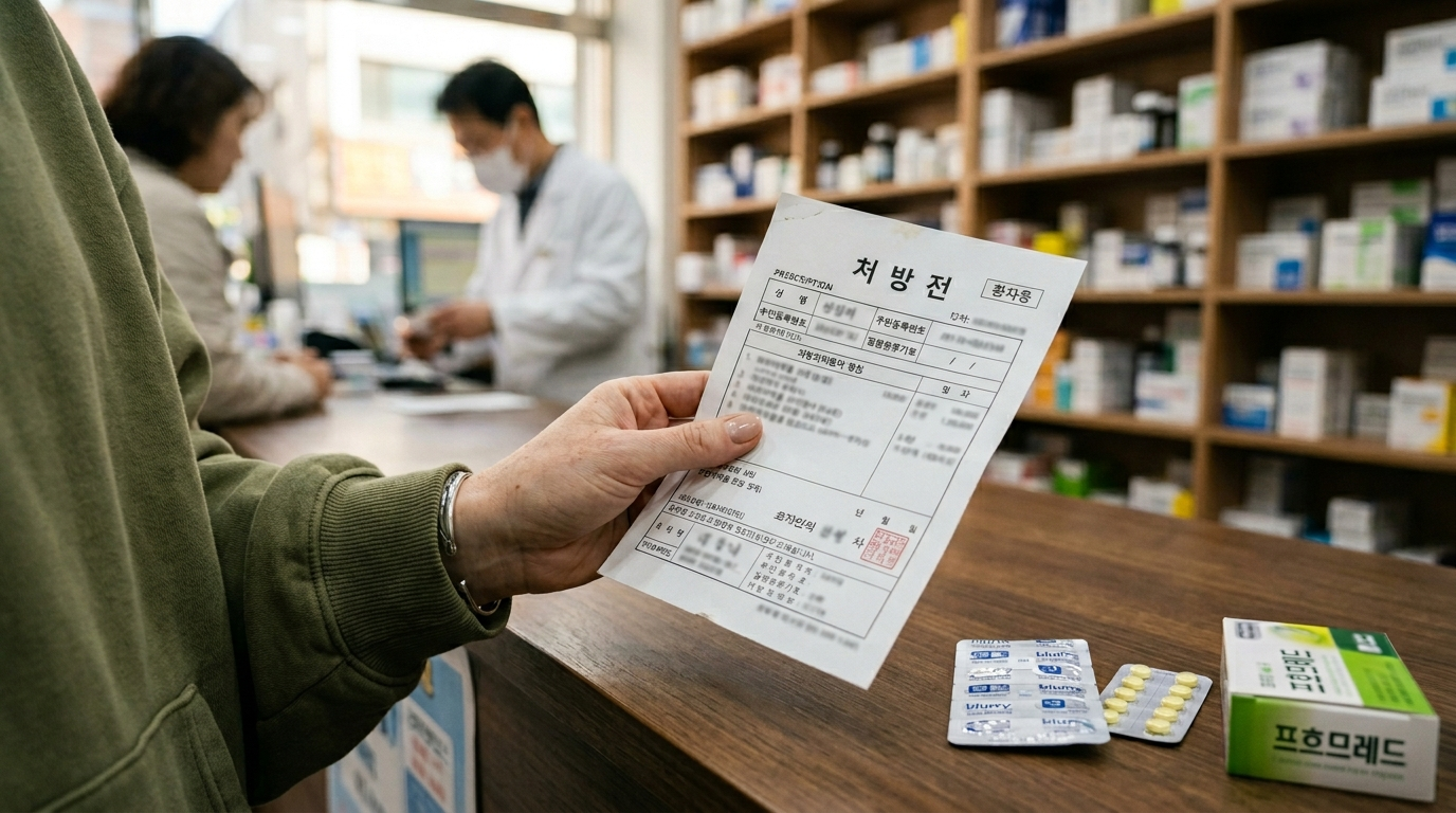 Foreigner standing at Korean pharmacy counter trying to communicate medicine needs to pharmacist