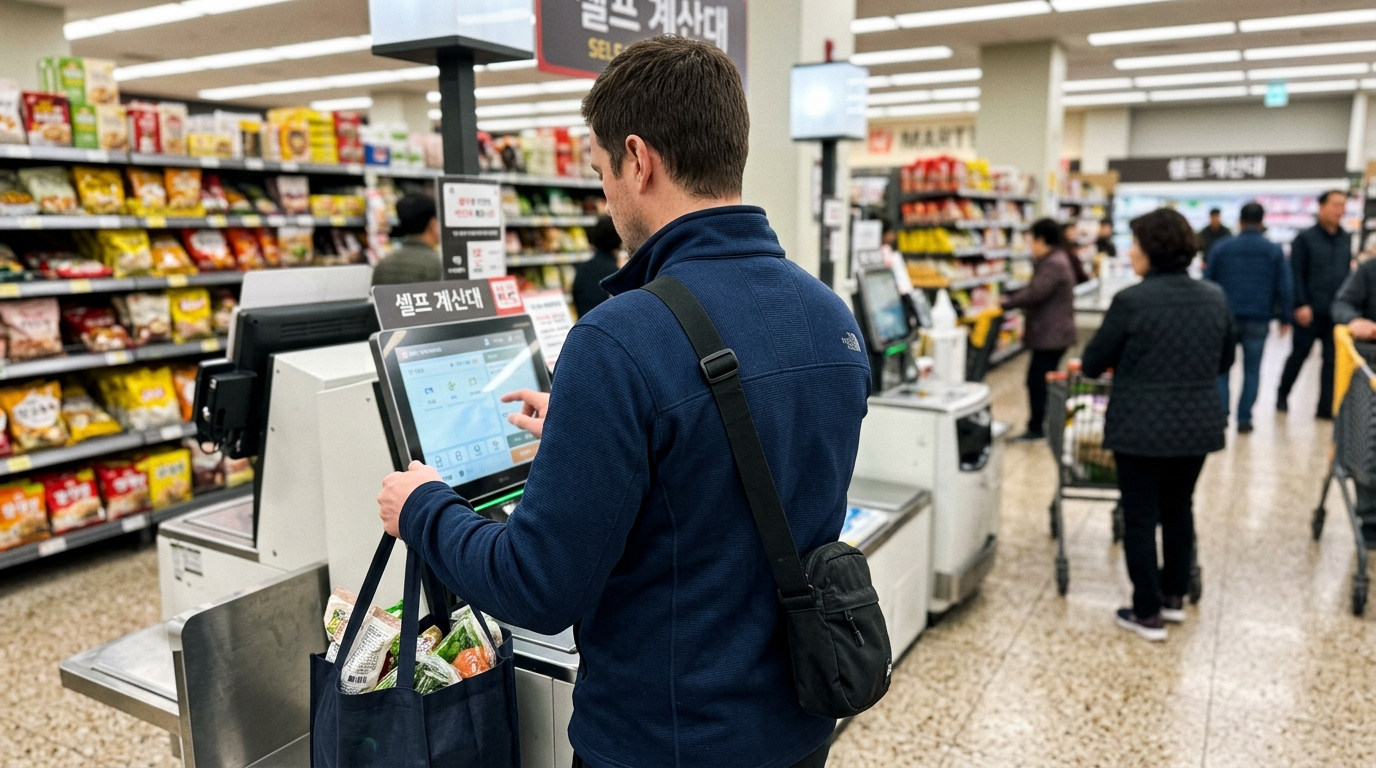 Foreigner in navy zip-up jacket comparing two products at Korean grocery mart checkout