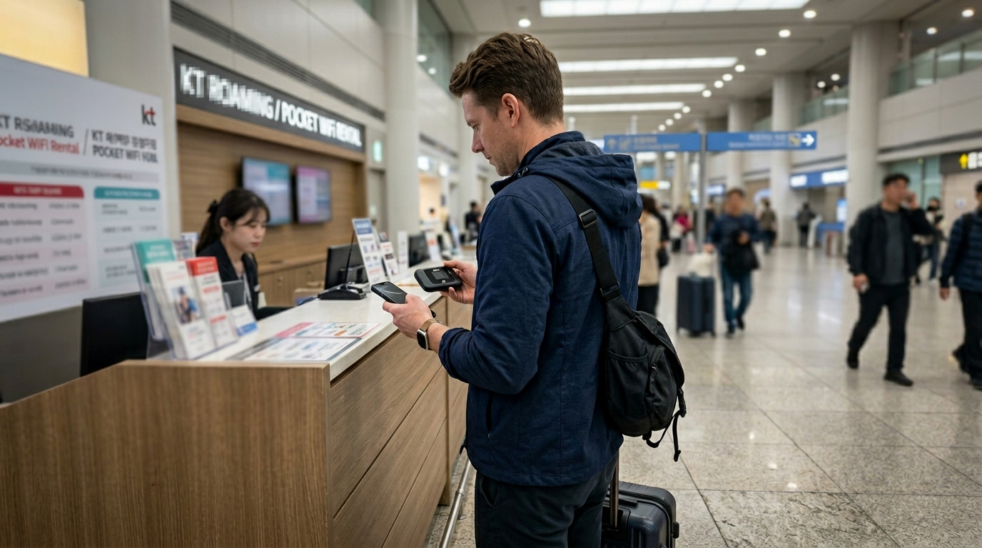 Foreign traveler deciding on wifi data Korea foreigners options at Incheon Airport arrivals hall