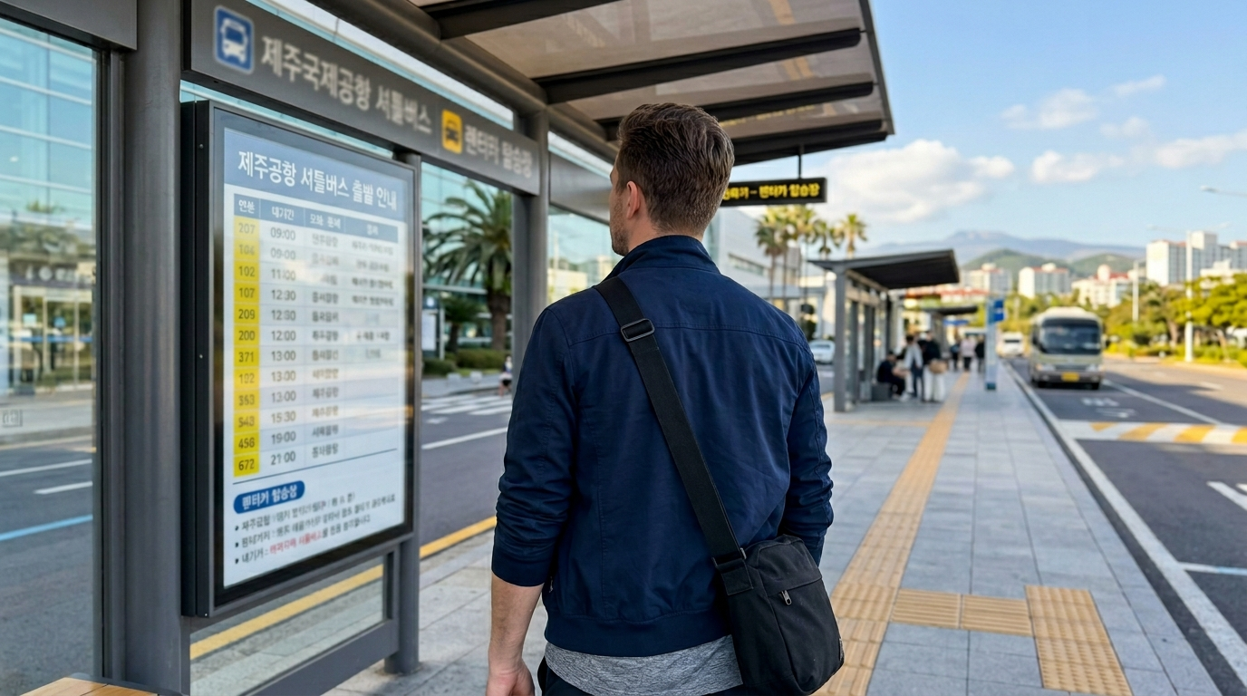 Foreigner in navy zip-up jacket at Jeju Airport rental shuttle stop deciding transportation for jeju island korea foreigners trip