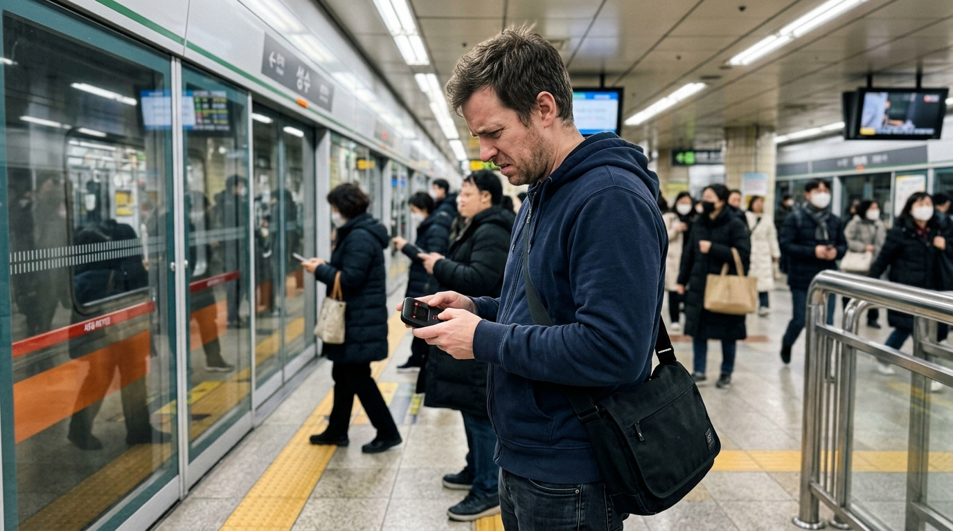 Western man in navy jacket holding pocket wifi router with low battery light at Seoul subway platform