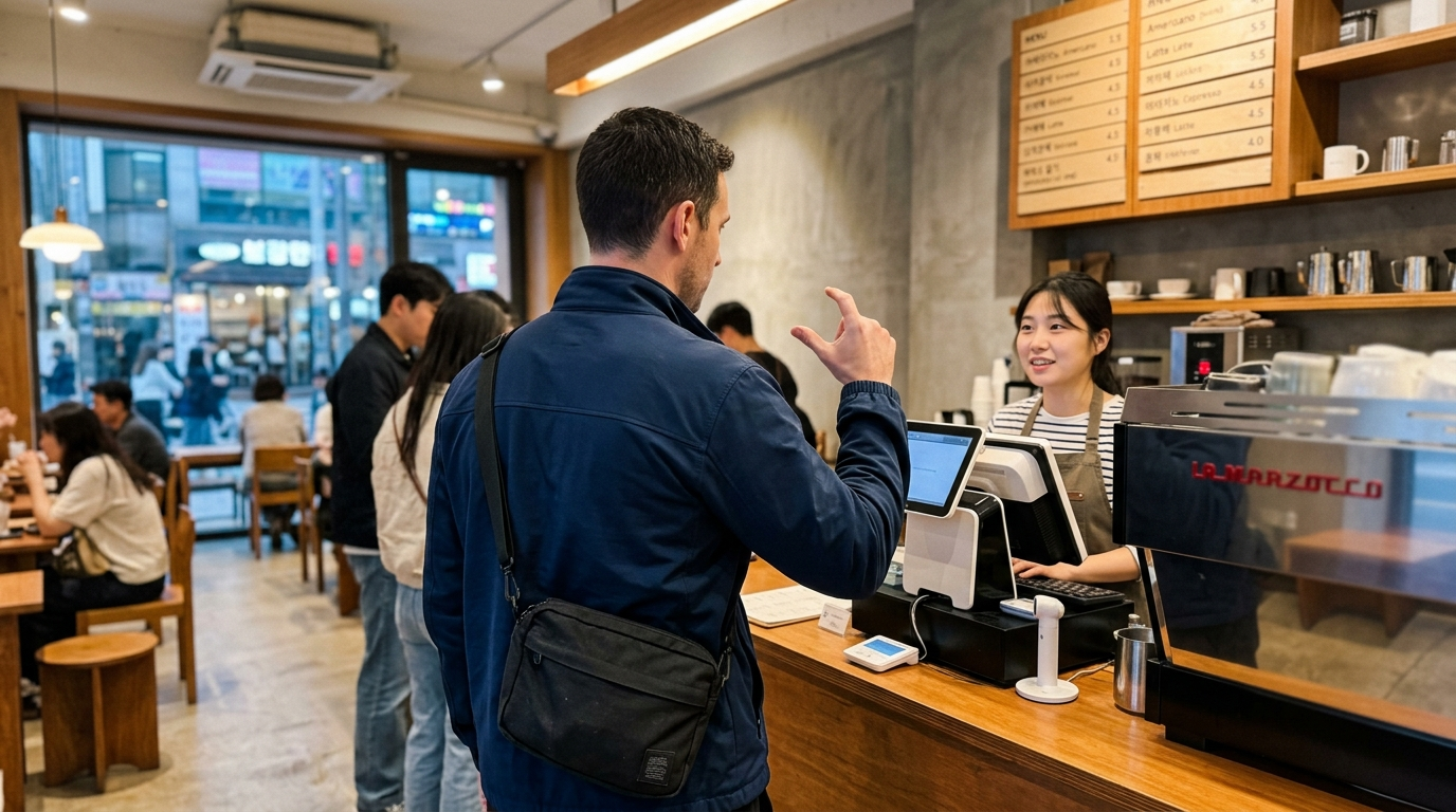 Close-up of foreigner's hands pointing at Korean menu items while ordering at restaurant table