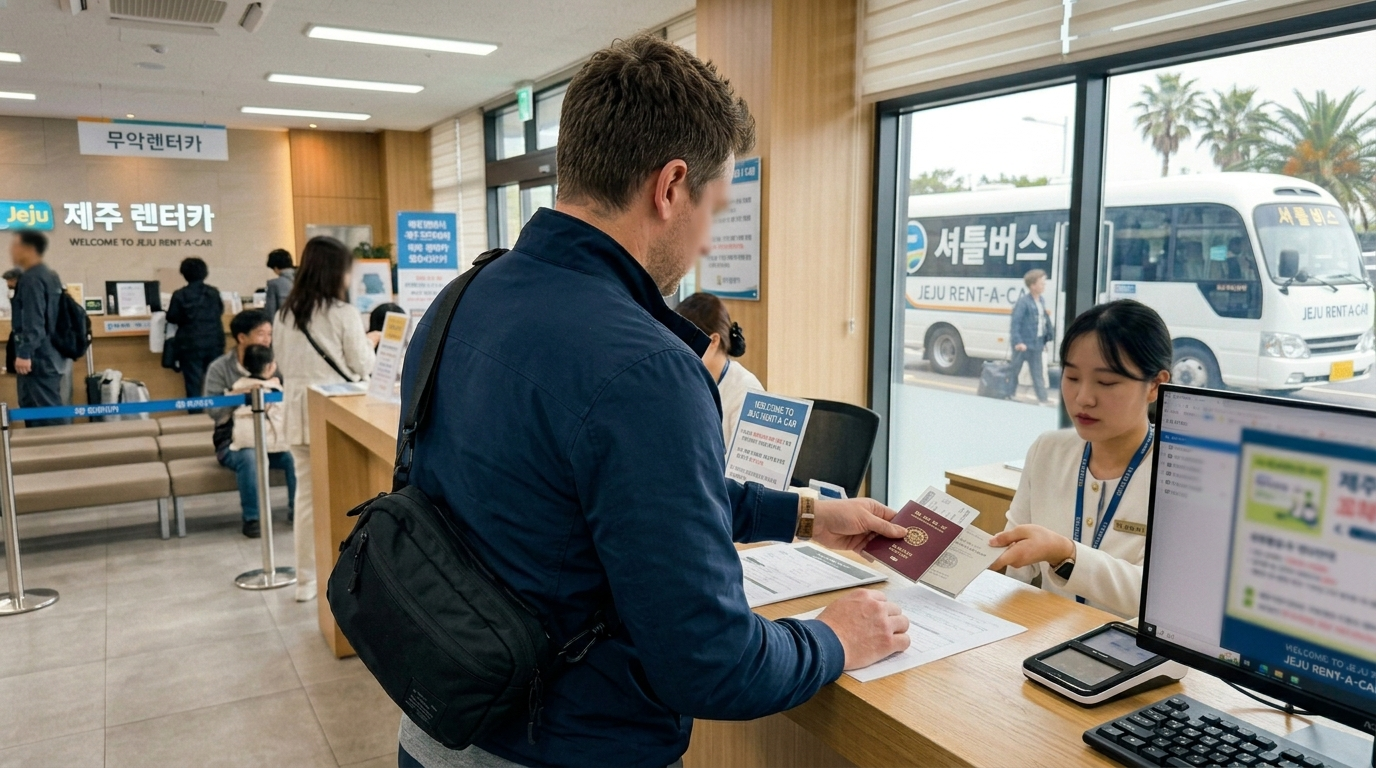 Western man in navy zip-up jacket checking documents at a Jeju car rental counter with shuttle bus visible outside