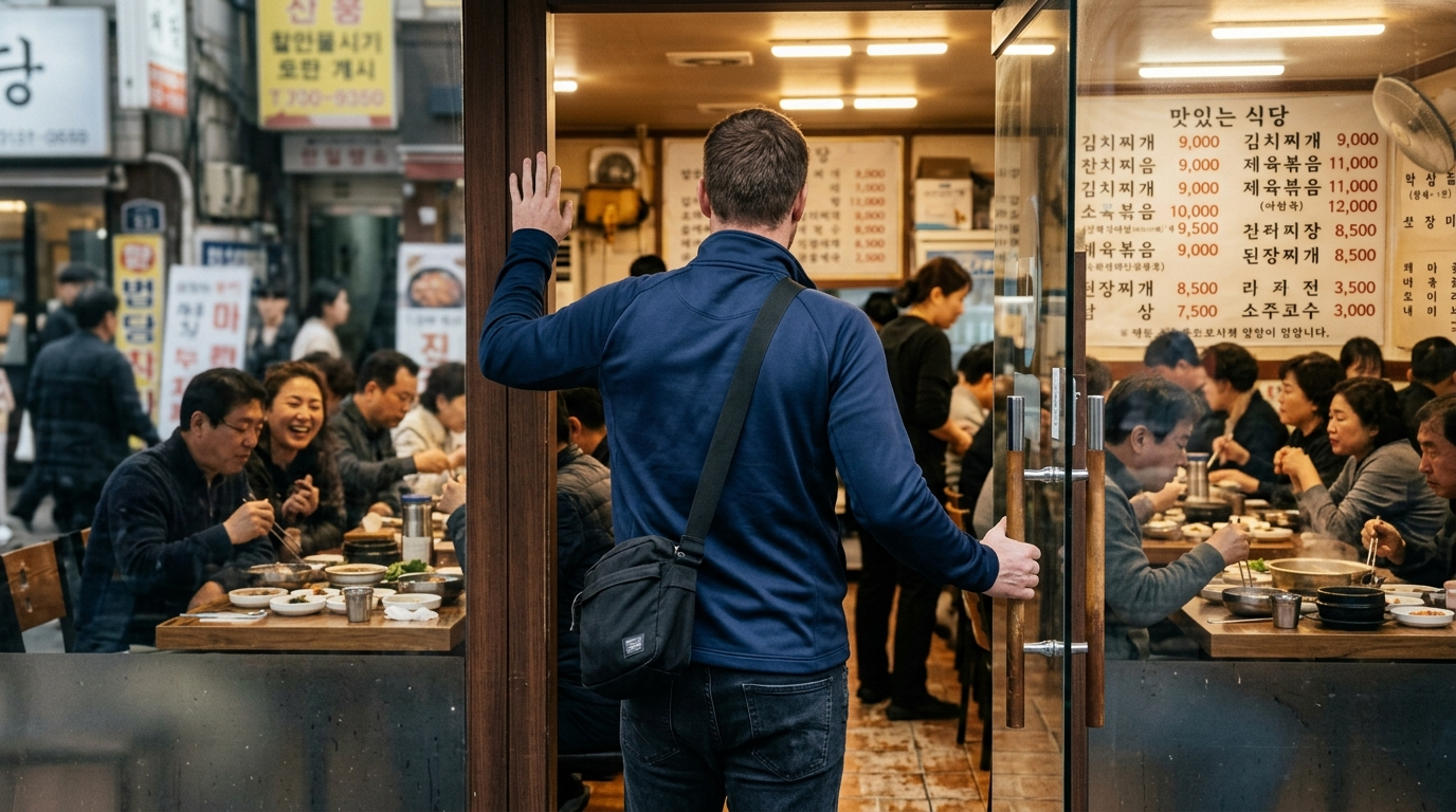 Foreigner in navy blue jacket standing at Korean restaurant entrance deciding what korean phrases restaurant cafe situations require