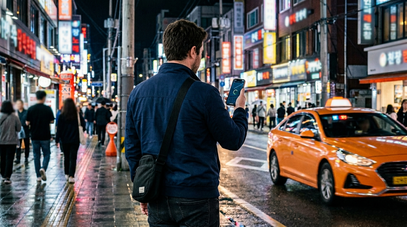 Foreigner with taxi app Korea foreigners use standing on Seoul sidewalk at night waiting for cancelled ride