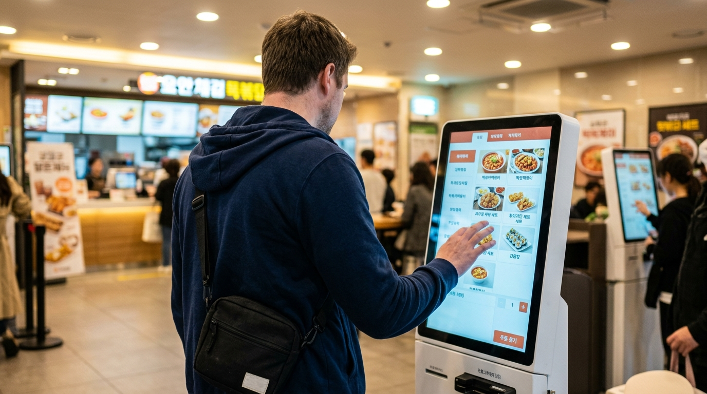 Foreigner in navy jacket hesitating at Korean restaurant ordering food korea foreigners kiosk with Korean-only screen