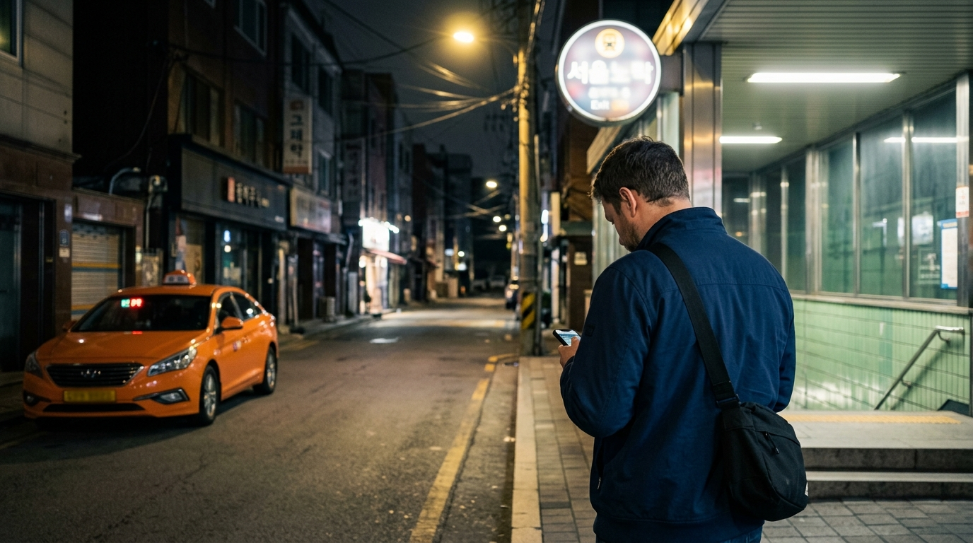 Person holding smartphone showing Korean taxi app destination search with no results