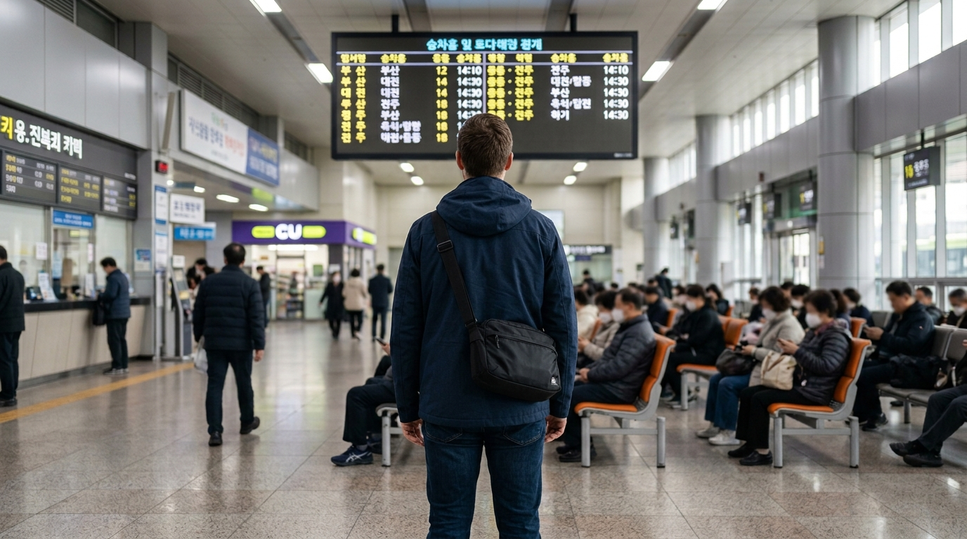 Foreigner in navy blue jacket checking departure board at express bus korea foreigners terminal