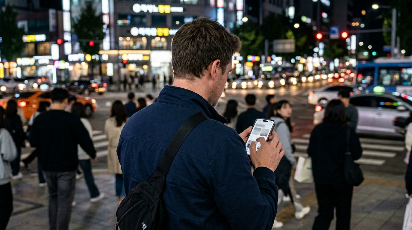 Foreigner checking taxi app notification on phone at busy Seoul intersection at night