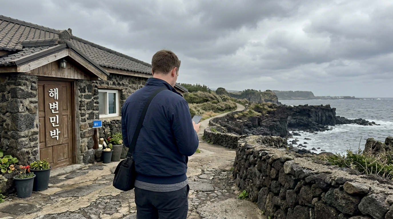 Foreigner in navy blue jacket and crossbody bag scrolling phone outside a Jeju guesthouse with 'no vacancy' notice visible