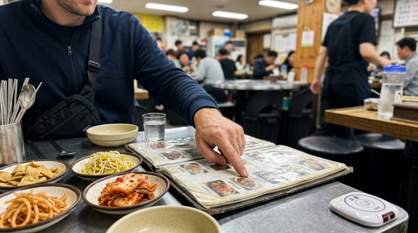 Western foreigner standing at Korean restaurant entrance looking at Korean-only seating sign
