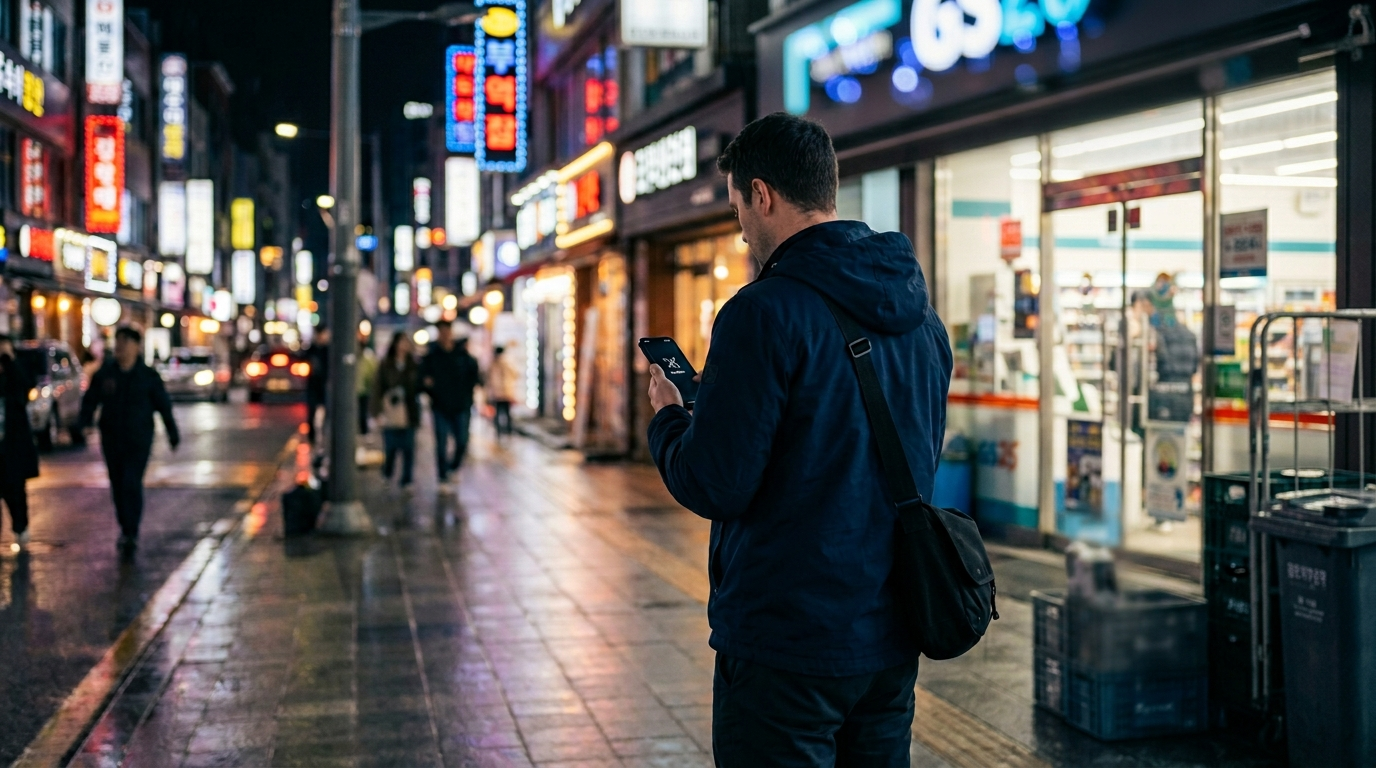 Western man in navy jacket standing outside Korean convenience store at night checking phone with no wifi signal