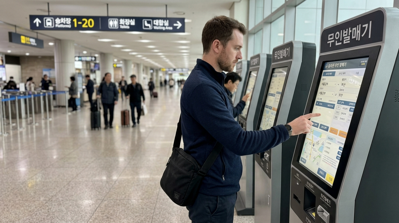Foreigner checking departure board inside a Seoul express bus terminal for intercity travel
